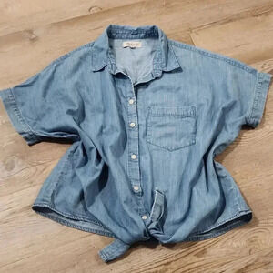 Madewell Lyocell Button Down Denim Boxy Short Sleeve Top